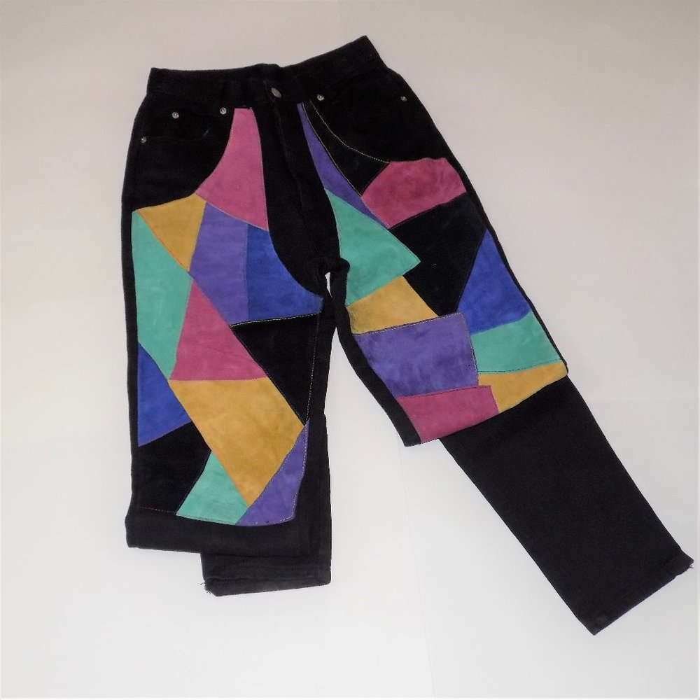 Vintage  Nada Nuff Genuine Leather Suede Color Block Denim Ladies Jeans Size 5